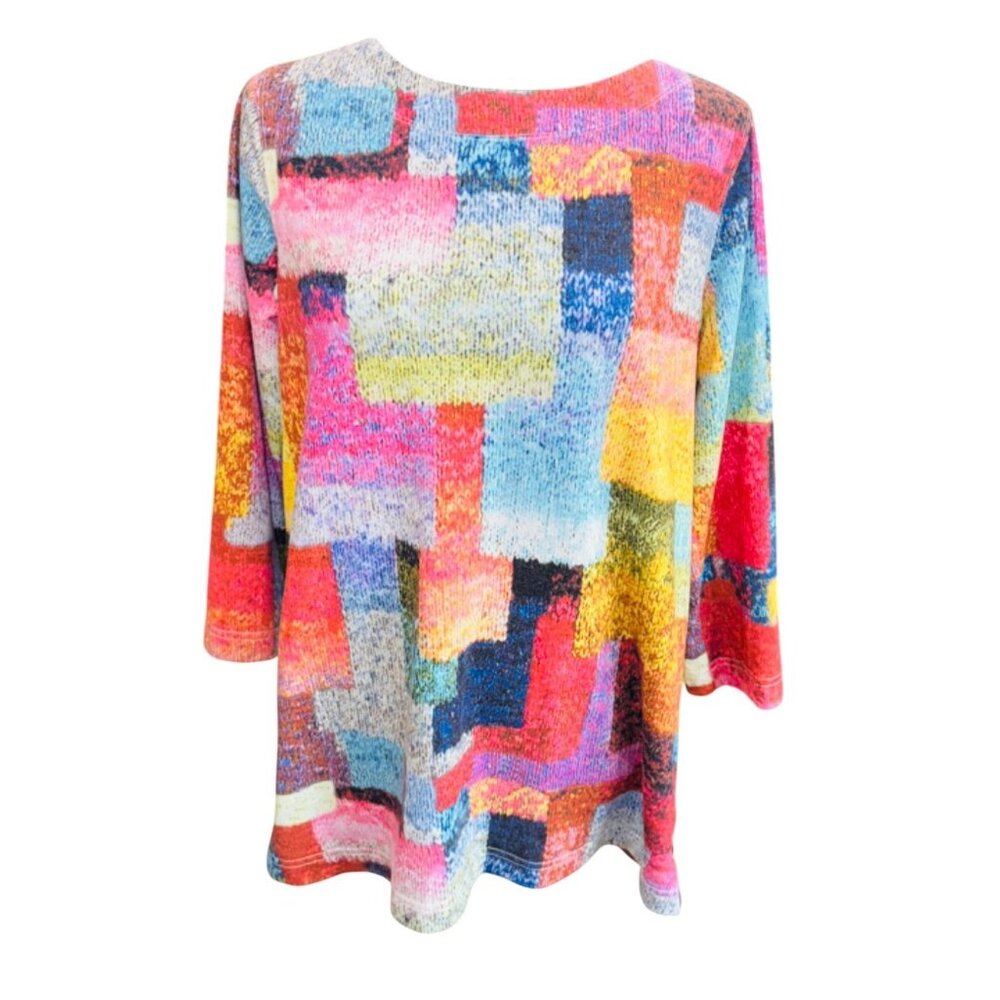 Ali Miles Multicolor Abstract Print 3/4 Sleeve Knit Top S Artsy Casual Money